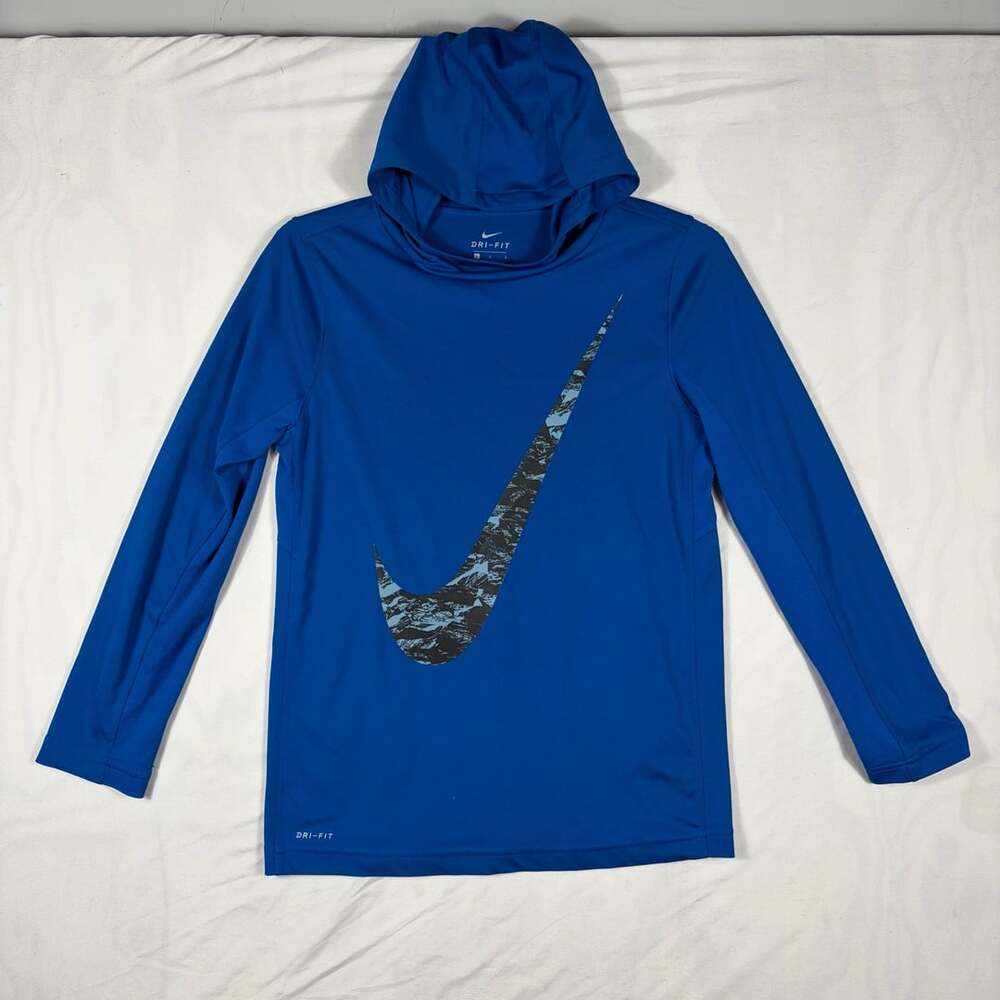 Nike Dri-Fit Hooded Long Sleeve Shirt Size L Blue Camo Swoosh